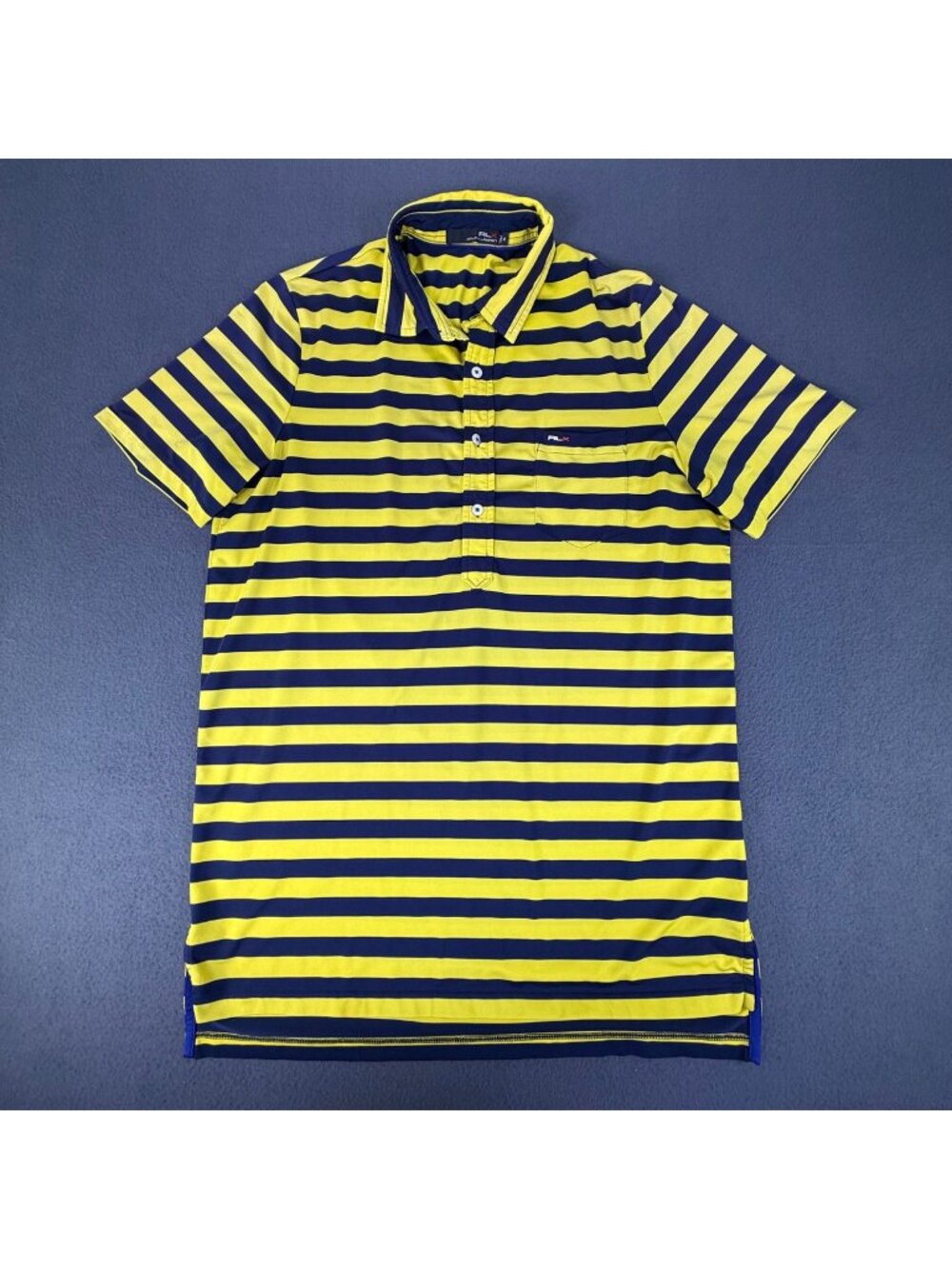 RLX Ralph Lauren Men's Medium Striped Polo Shirt Blue/Yellow Wicking Polyester